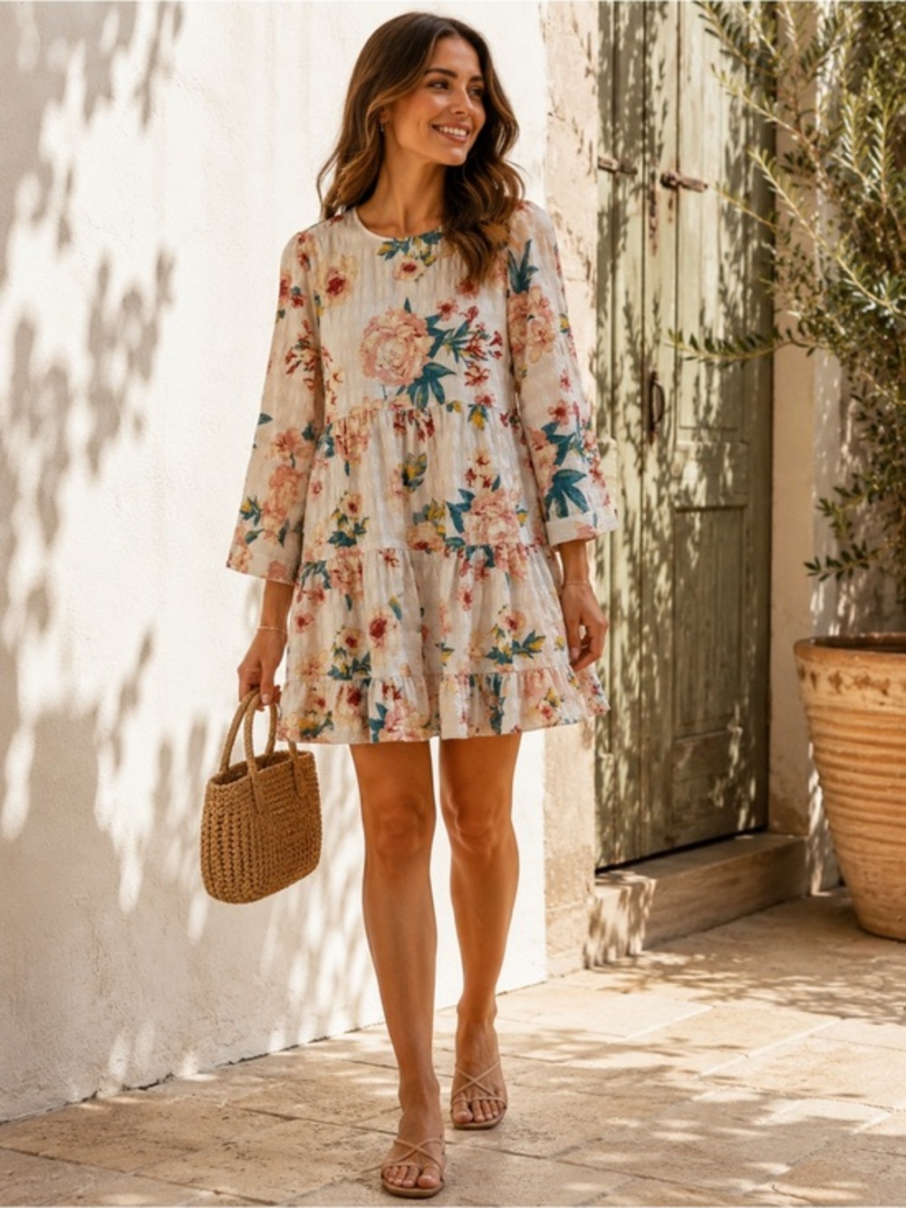 Zara Cream Floral Tiered Mini Dress with Pink and Green Accents